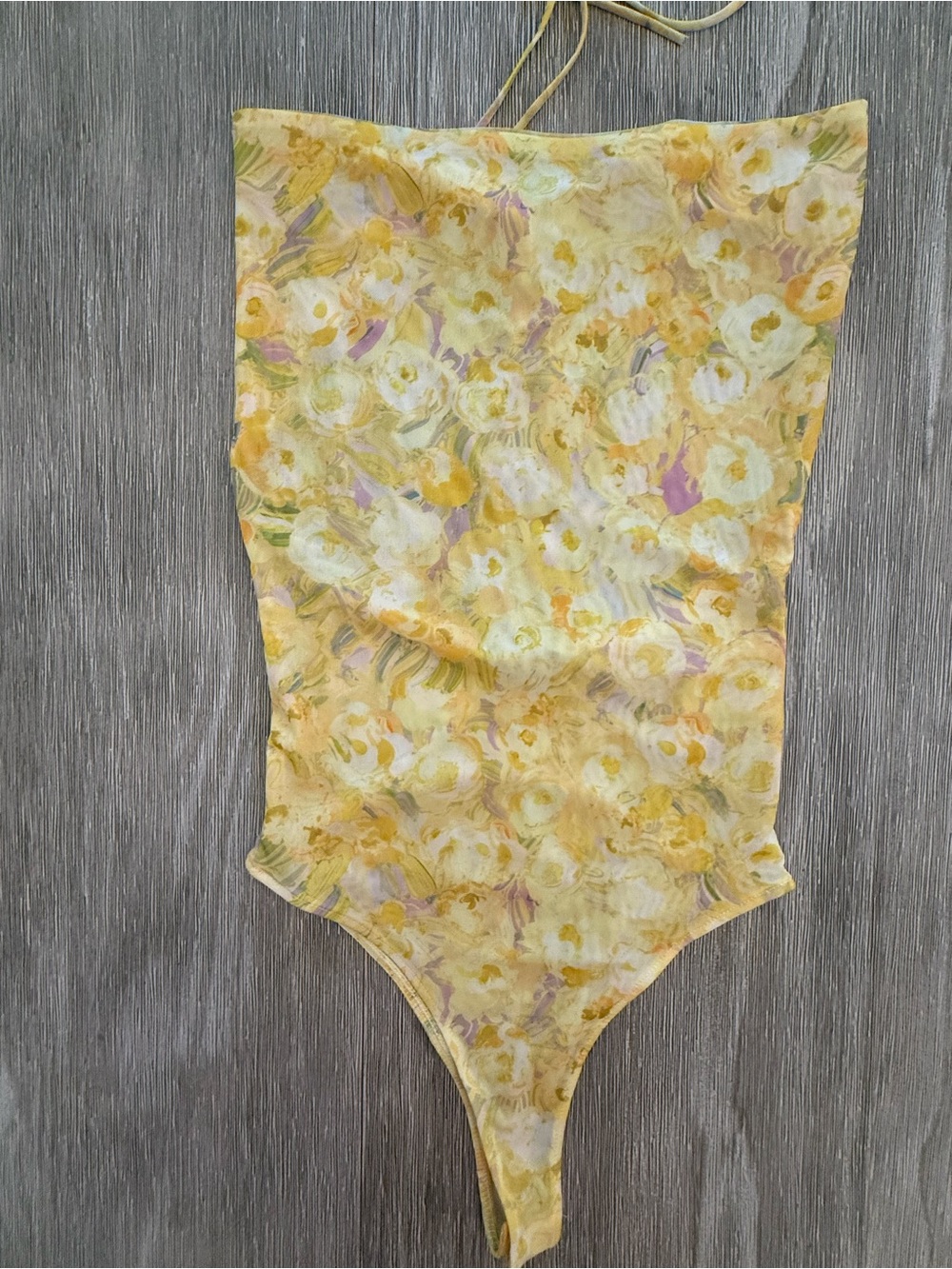 Zara Yellow Floral Mesh One-Piece Thong Halter Bodysuit -small